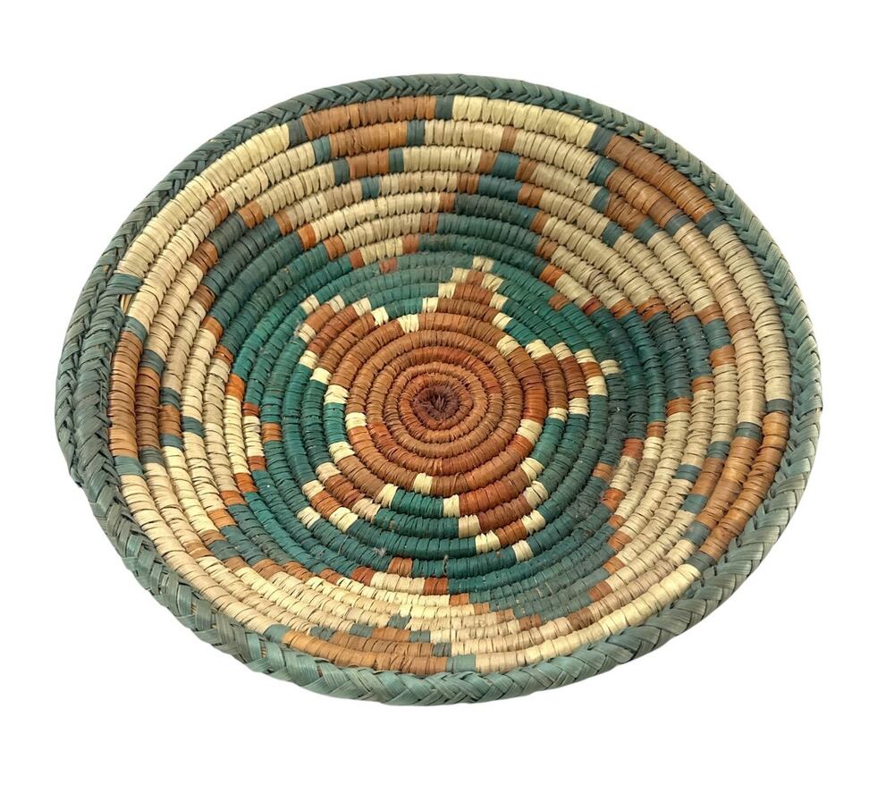 Vintage Handwoven Coiled Basket Bowl 8.75” Teal Brown Geometric Natural Fiber